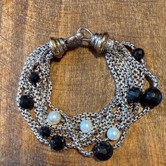 David Yurman Jewelry - David Yurman Silver and 18k gold onyx and pearl Multi-Strand Bracelet